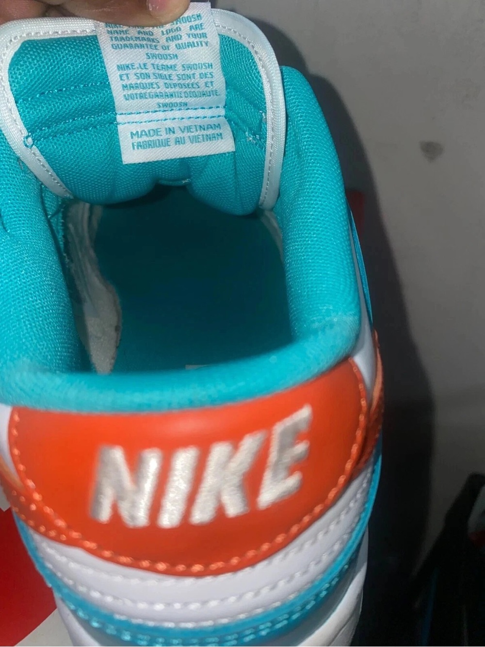Nike Kids' Dunk Low Retro Sneakers - White/Teal/Orange Miami dolphins Sz 10 - Picture 3 of 7